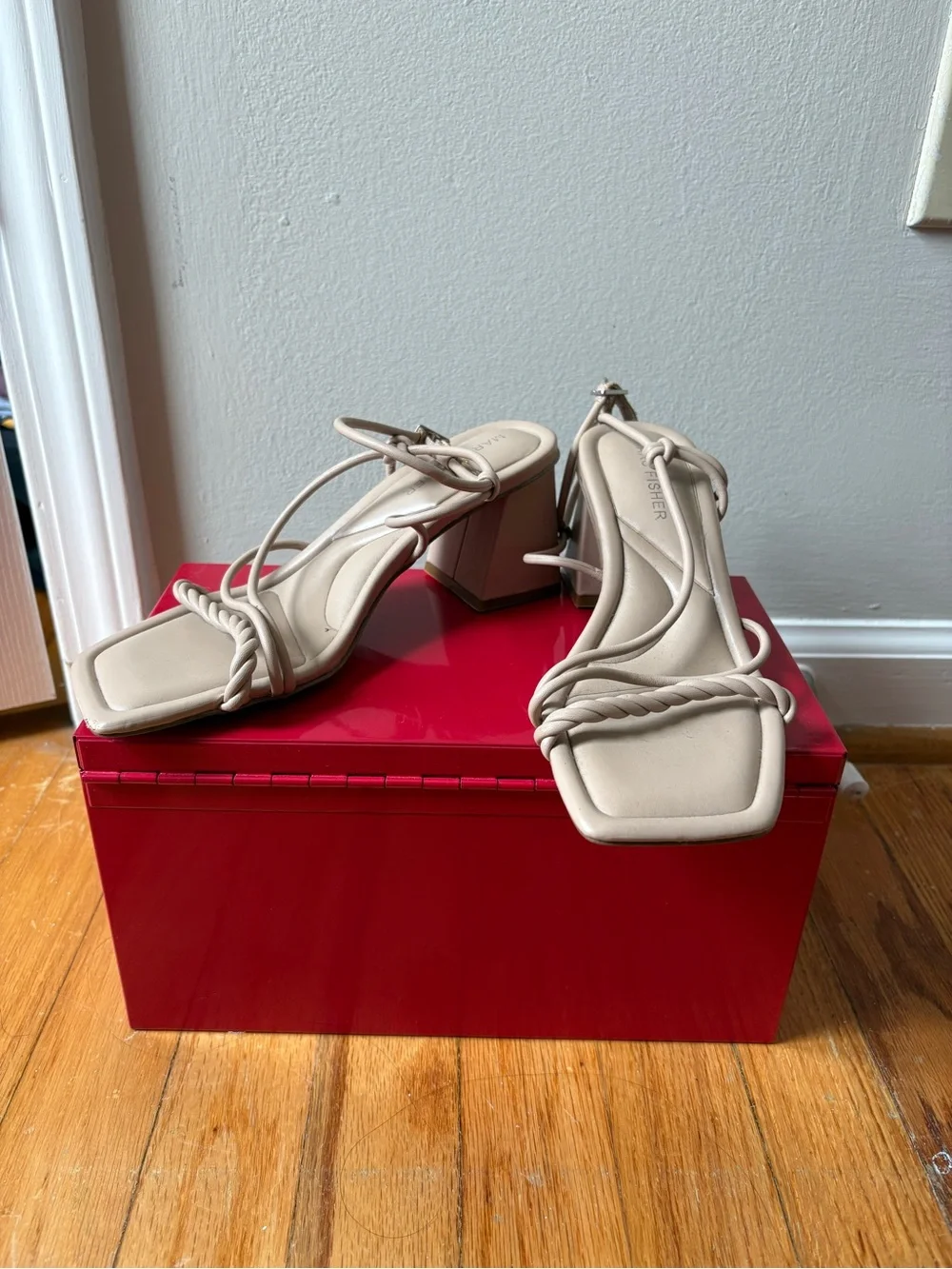 Marc Fisher Cream Braided Strap Square-Toe Block Heels